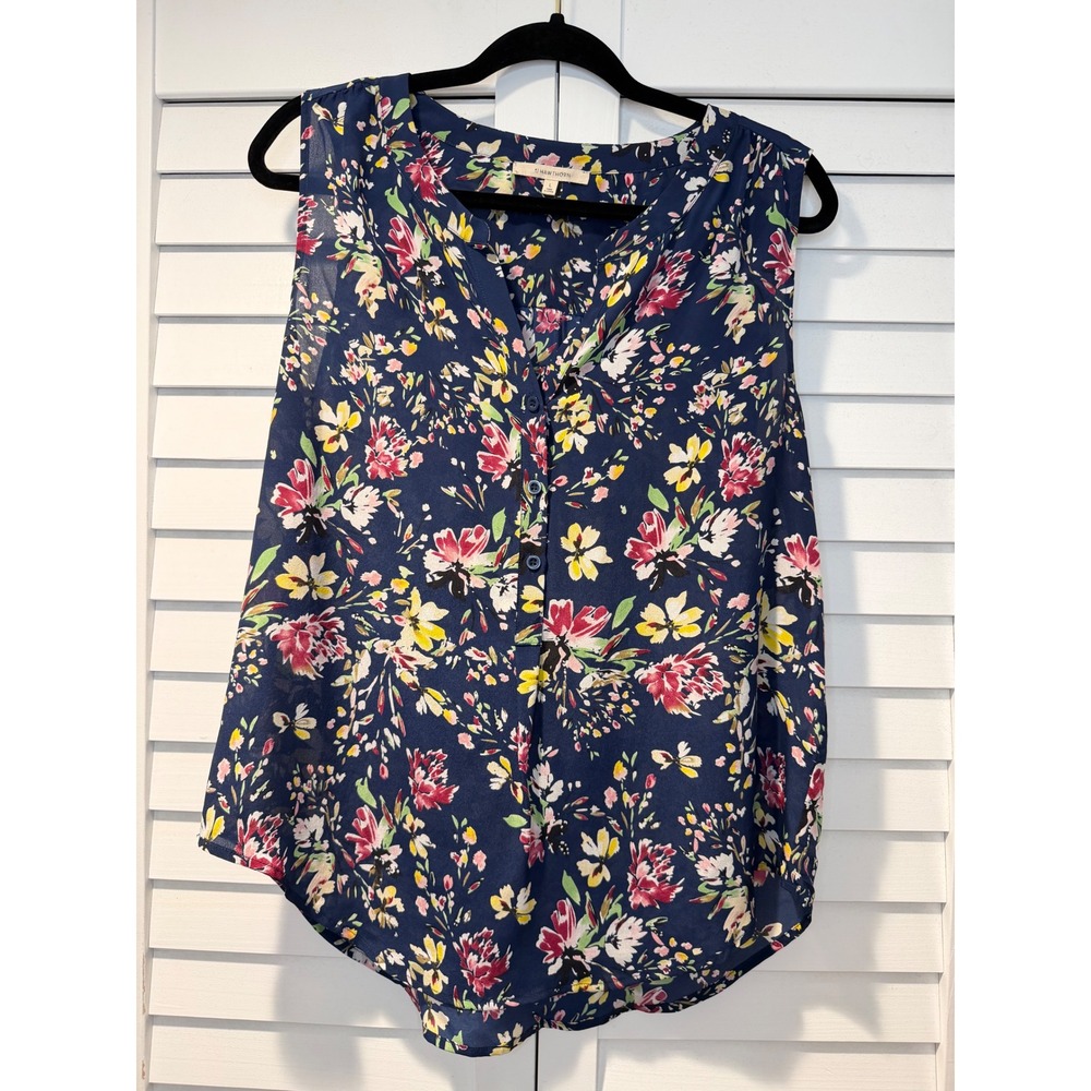 41 Hawthorn 100% Silk Navy Blue Floral Sleeveless Blouse Top Womens L‎ Button
